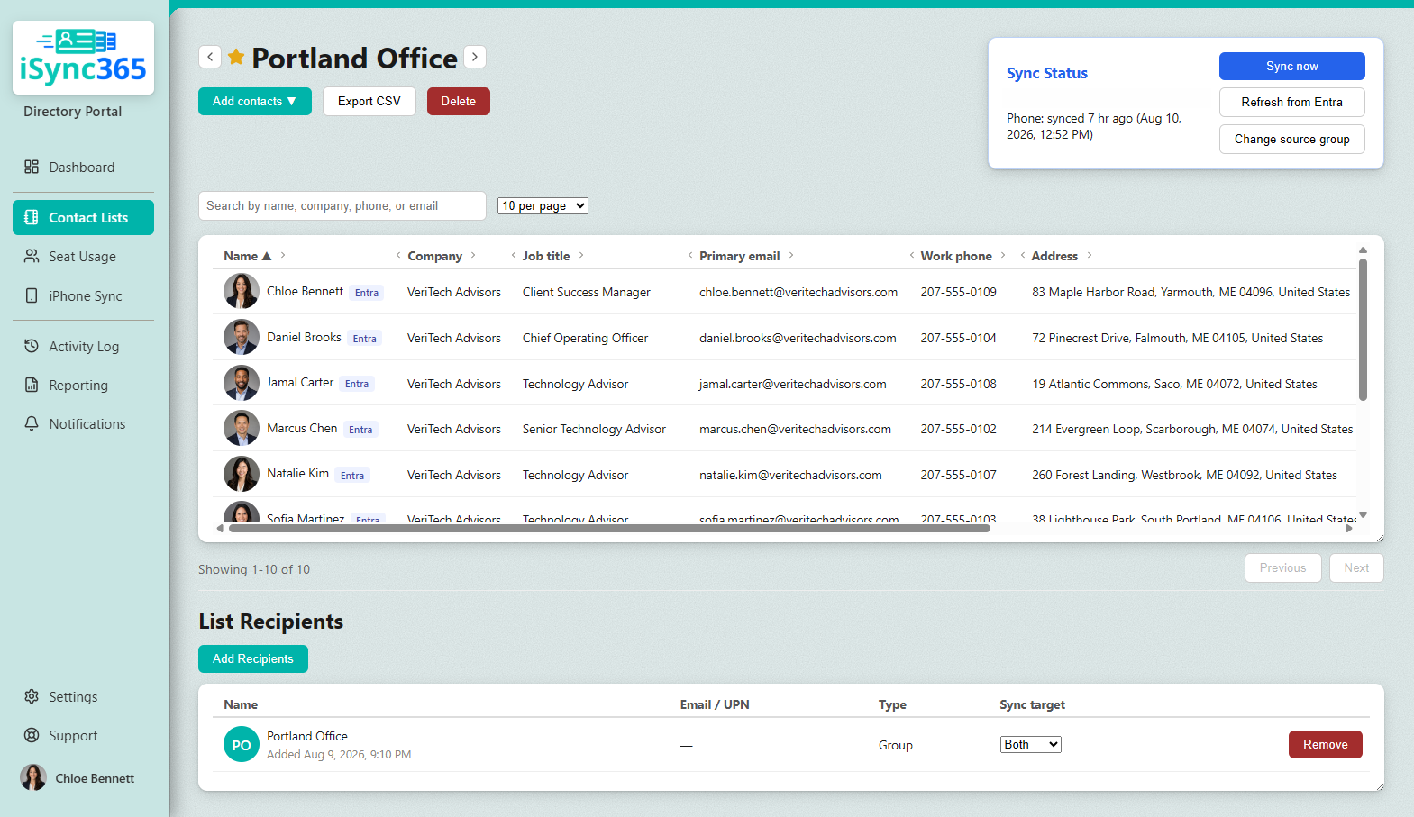 iSync365 contact list view showing the Portland Office list with contacts and a Portland Office group recipient